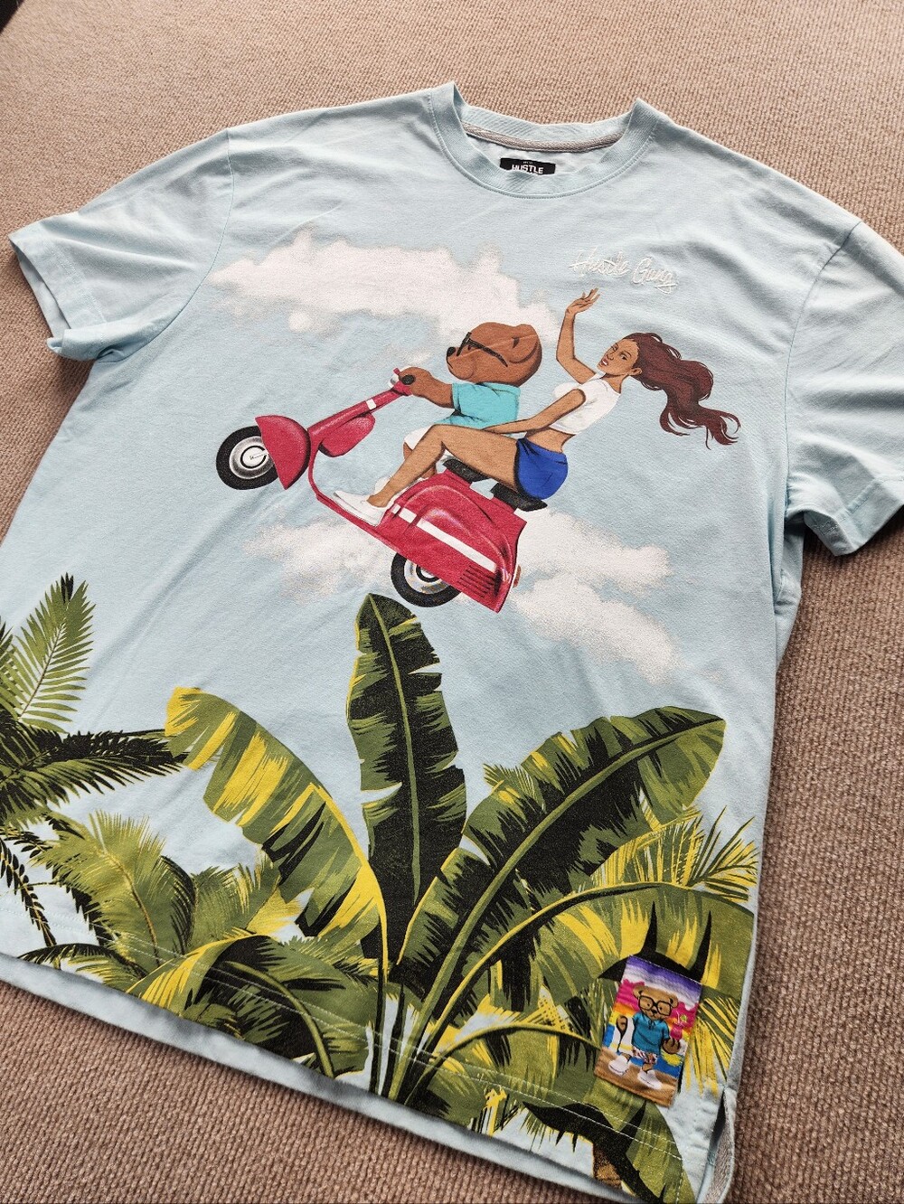 Hustle Gang Men's XL Light Blue Tropical Moped Animal Graphic T-Shirt